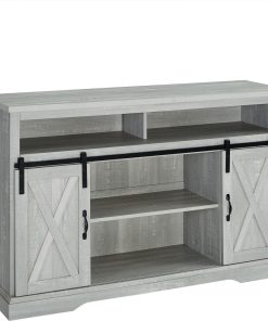 52" Modern Farmhouse Sliding Barn Door Highboy TV Stand, Stone Gray