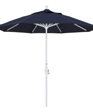 9' Matted White Collar Tilt Crank Lift Aluminum Umbrella, Sunbrella, Navy