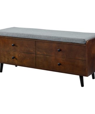 46" Mid Century Storage Bench With Cushion, Dark Walnut/Gray