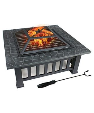32" Outdoor Black Iron Square Fire Pit With Spark Screen And Waterproof Cover