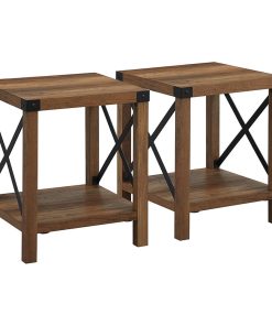 2 Pack Farmhouse Side Table, X-Shaped Metal Sides & Square MDF Top, Rustic Oak