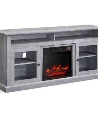 60" TV Stand Console With Shelves and Fireplace, Light Grey