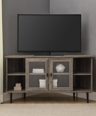 48" Simple Glass Door Corner TV Console, Gray Wash