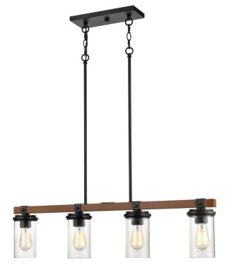 4 Light 36" Matte Black and Wood Grain Chandelier