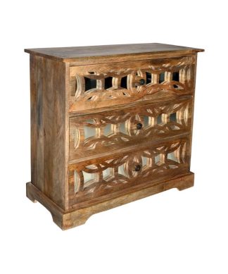 3 Drawer Wood Console Storage Cabinet with Lattice Design Mirror Front in Brown