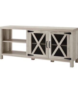 58" Industrial Farmhouse TV Stand with Metal Mesh Doors - White Oak