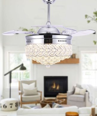 42" Modern Crystal Ceiling Fan with Lights, Retractable Chandelier Fan, Chrome