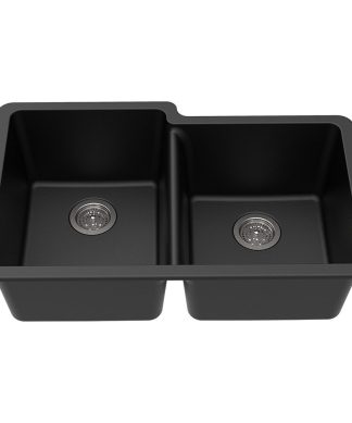 Winpro Dual-Mount Kitchen Sink, Offset Double Bowl, Granite Quartz, 33", Black