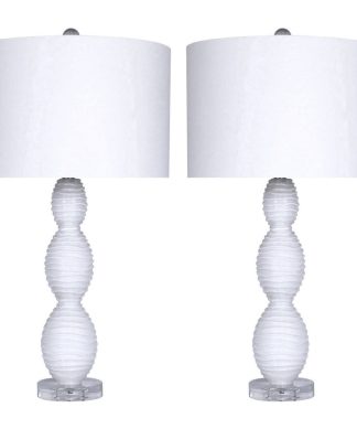 28.75" White Glass Table Lamps With White Fabric Drum Shades, Set of 2
