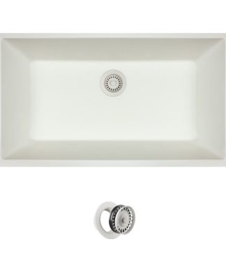 848 Large Single Bowl Quartz Kitchen Sink, White, Colored Flange