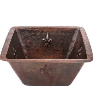 15" Square Fleur De Lis Copper Bar/Prep Sink With 2" Drain Size, 3.5"