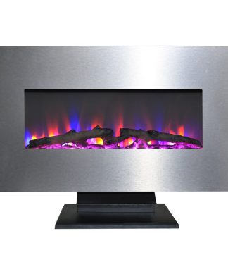 36" Metallic Electric Fireplace, Stainless Steel With Multi-Color Log Display