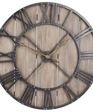 Vintage Wall Clock, Barnwood Style Wood Backing With Black Metal Roman Numbers