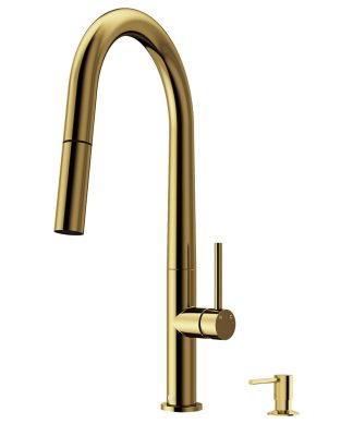 VIGO Greenwich Pull Down Kitchen Faucet With Soap Dispenser, Matte Brushed Gold