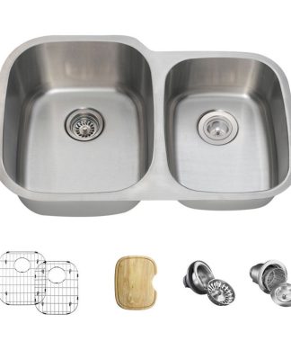 503 Offset Double Bowl Stainless Steel Sink, 16-Gauge, Wide Left, Ensemble