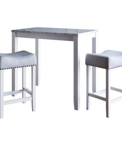3 Pieces Pub Dining Set, Faux Marble Tabletop With 2 Backless Stools, Gray/White
