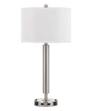 60 X 2 Watt Metal Frame Night Stand Lamp With Fabric Shade, White And Silver
