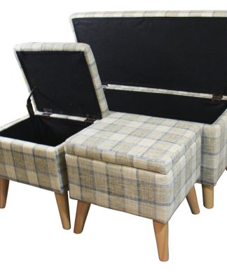 18" Gray Plaid Storage Bench With 2 Storage Ottoman Seating