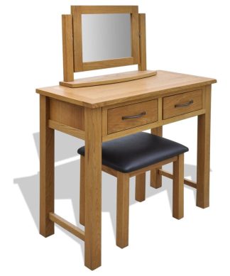 vidaXL Oak Wood Dressing Table w/ Stool Mirror Makeup Vanity Desk Drawer Home