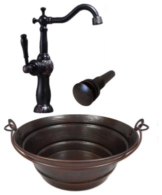 15" Copper Bucket Vessel Bath Sink, 13" Claymore ORB Faucet & Pop-Up Drain