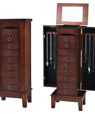 Wooden Jewelry Armoire Stand w/Mirror, 9 Drawers & 2 Side Doors