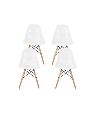White DSW Midcentury Dining Shell Chairs, Beech Wood Eiffel Legs, Set of 4