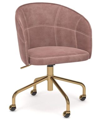 Vintage Modern Office Chair, Gold Base & Velvet Seat With Curved Backrest, Rose