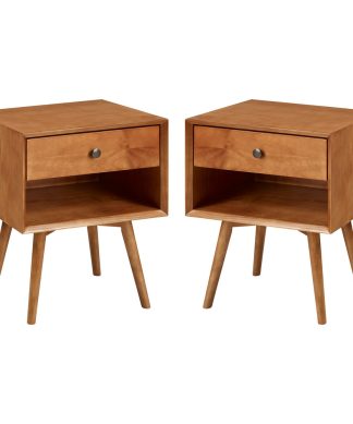 2 Piece 1-Drawer Mid-Century Solid Wood Nightstand - Caramel