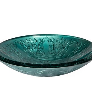 Teal Glass Vessel Sink With Embossed Pattern