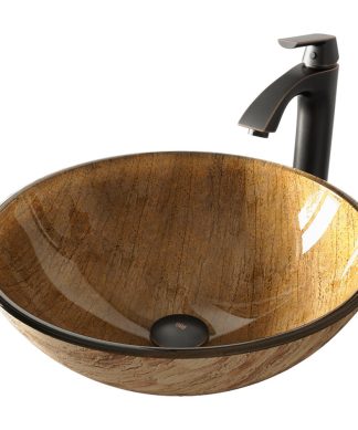 VIGO Amber Sunset Glass Vessel Sink and Linus Faucet, Antique Rubbed Bronze