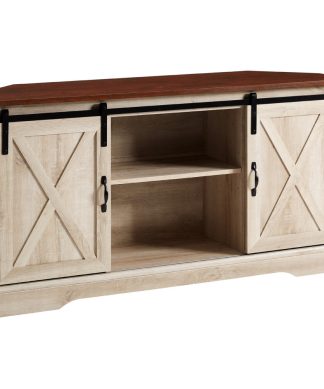 52" Sliding Barn Door Corner TV Stand, Traditional Brown/White Oak