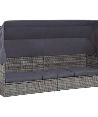 vidaXL Patio Lounge Bed w/ Canopy Poly Rattan Gray 80.7" Garden Cushion Seat