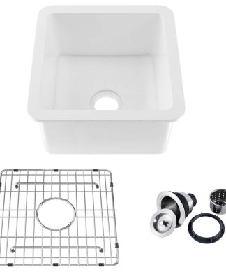 18" White Fireclay Farmhouse Undermount Kitchen Sink With Bottom Grid and Strain