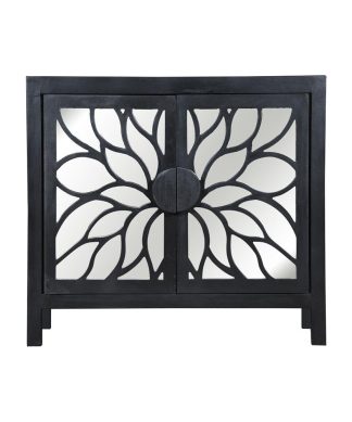 32 Inch Rustic Accent Storage Cabinet with Flower Design Mirrored Front in Black