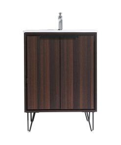 Walnut Bathroom Vanity, Dark Walnut With White Ceramic Top, 24"