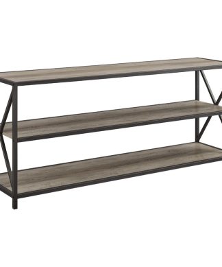 60" Wide X-Frame Metal and Wood Media Bookshelf, Gray Wash