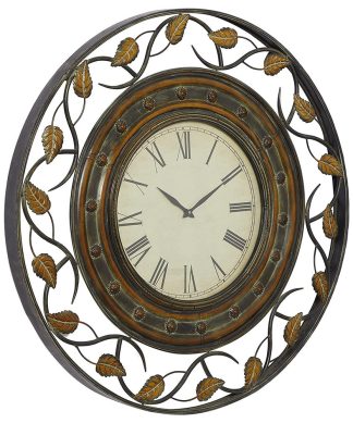 Wall Mounted Clock, Metal Frame With Floral Pattern & Roman Calibration, Brown