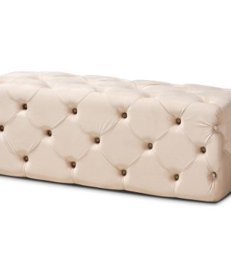 Xila Glam and Luxe Beige Velvet Upholstered Button Tufted Bench Ottoman