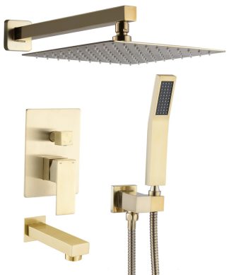 12" Wall Mounted Rainfall Shower System With Tub Spout, Brushed Gold
