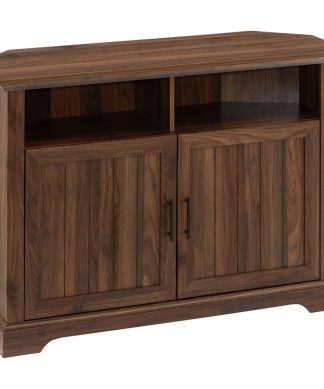 44" Grooved Door Corner TV Console, Dark Walnut