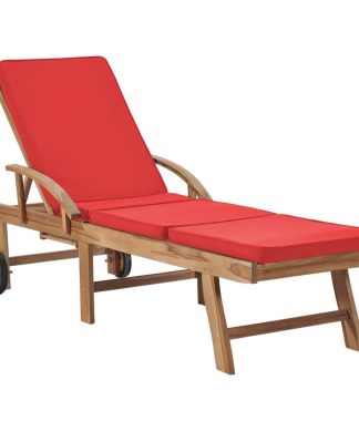 vidaXL Solid Teak Wood Sun Lounger with Cushion Red Garden Lounge Seating
