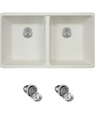 802 Double Equal Bowl Quartz Kitchen Sink, White, Basket Strainers