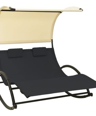 vidaXL Double Sun Lounger with Canopy Textilene Black and Cream Sunlounger