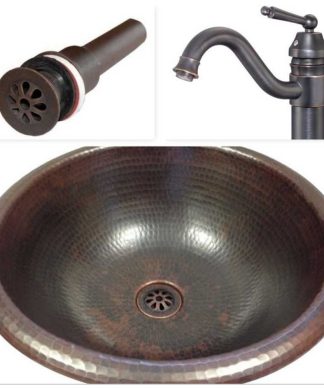 15" Round Copper Vessel Vanity Sink, Faucet & Drain Combo