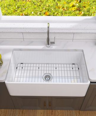 33" True Fireclay Farmhouse Kitchen Sink, White With Accessories