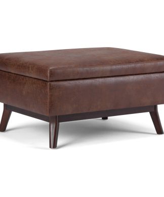 34" Wide Coffee Table Storage Ottoman, Distressed Saddle Brown Faux Air Leather