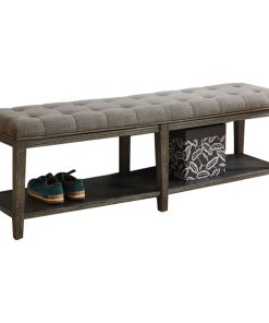 Wooden Bench With Button Tufted Seat, Gray