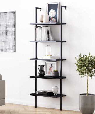 5-Shelf Black Modern Bookcase, Open Wall Mount Ladder Bookshelf