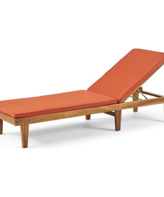 Yvette Outdoor Acacia Wood Chaise Lounge and Cushion Set, Teak/Rust Orange