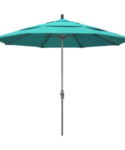 11' Grey Collar Tilt Crank Aluminum Umbrella, Aruba Sunbrella